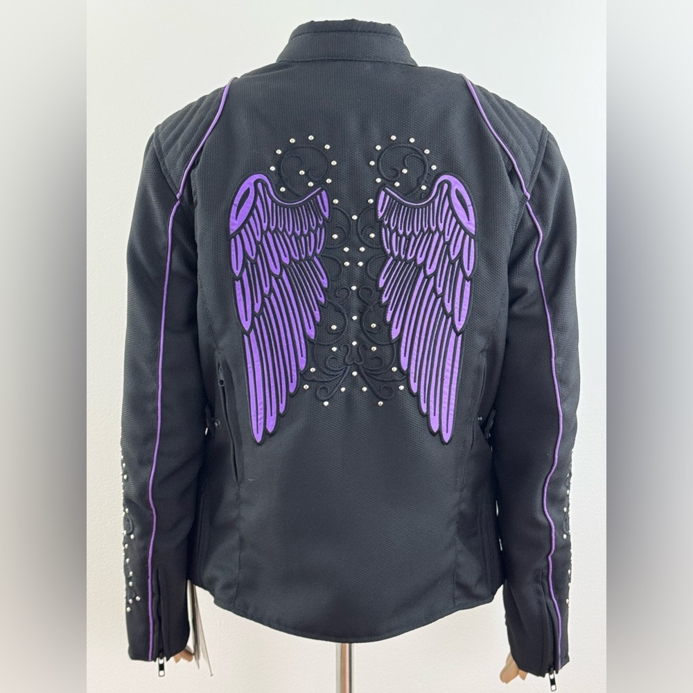 Women's Revolution Gear Biker Motorcycle Jacket With Purple Embroidered Wings
